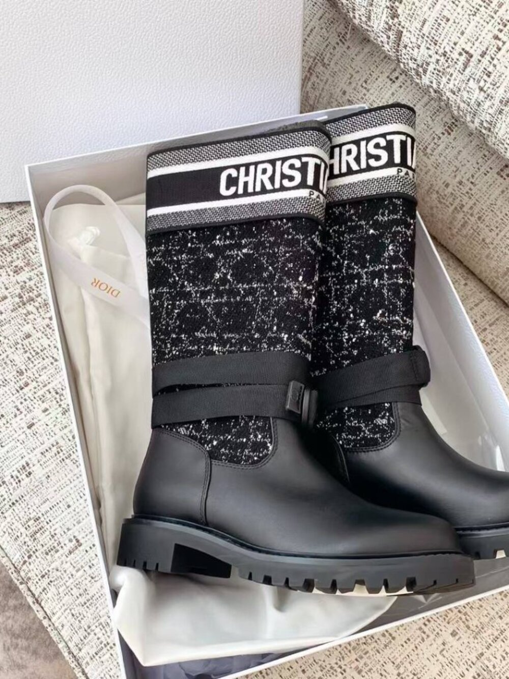 Dior D-Major Sock Combat Boots Black Leather Zodiac Tweed with Box